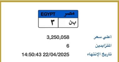 لوحة سيارة برقم "ب ن- 3" تتجاوز قيمتها 3 ملايين جنيه في مزاد اللوحات 2 لوحة سيارة برقم “ب ن- 3” تتجاوز قيمتها 3 ملايين جنيه في مزاد اللوحات