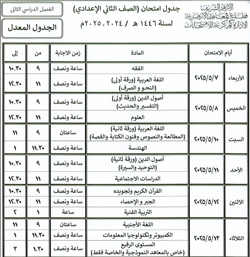 جدول امتحانات الأزهر 2025 الترم الثاني