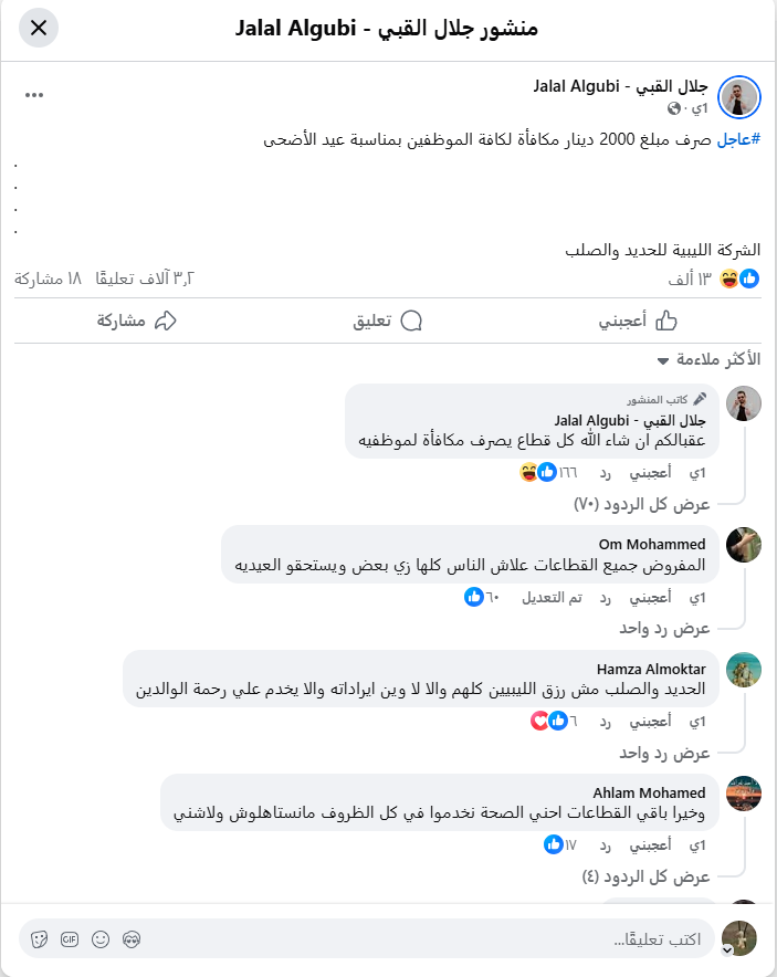 2000 دينار مكافأة بمناسبة عيد الأضحي للعاملين في ليبيا