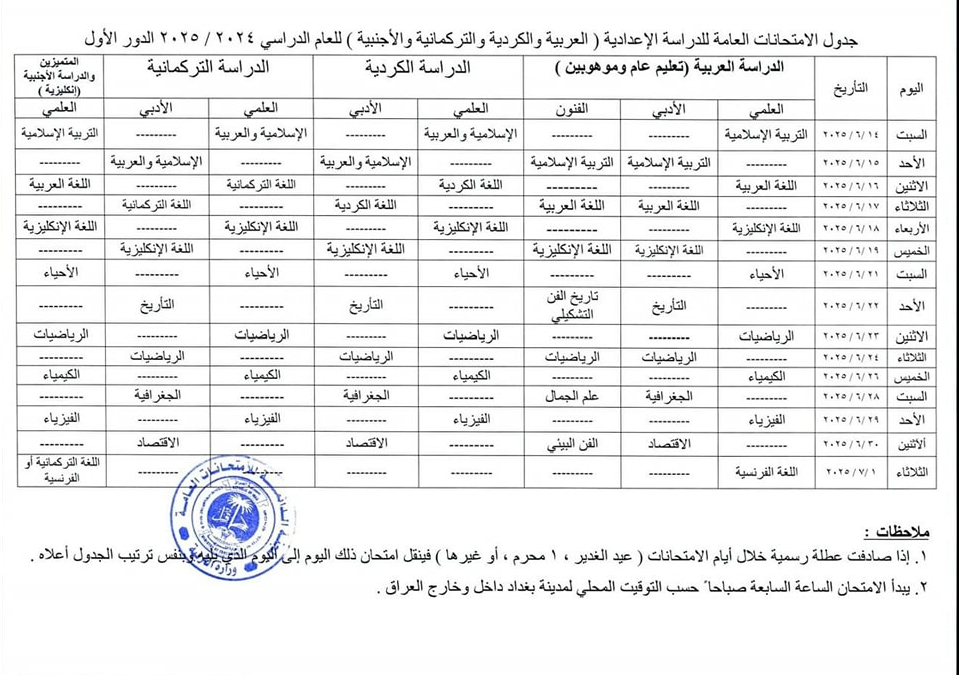 جدول إمتحانات السادس إعدادي العراق 2025 الدور الأول