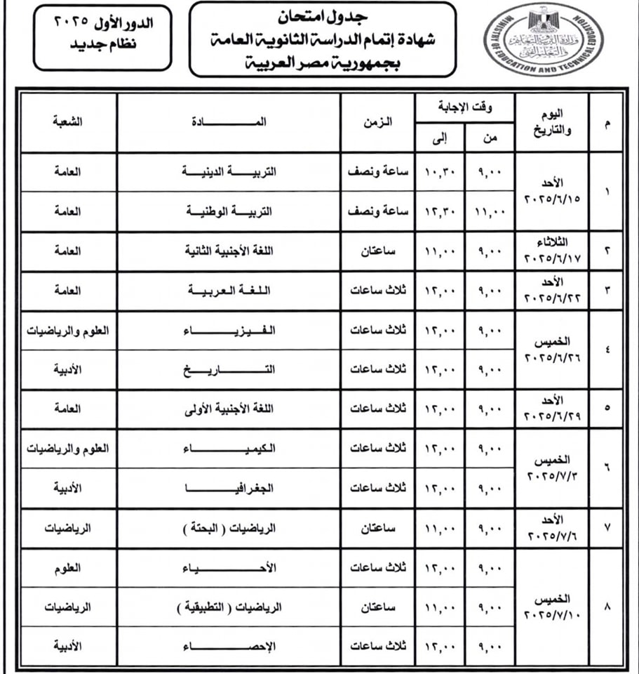 جدول امتحانات الثانوية العامة 2025 الشعبة الأدبية