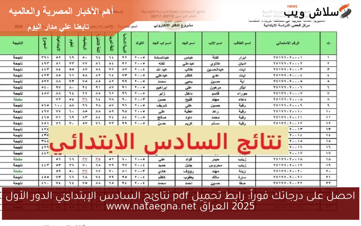 احصل على درجاتك فوراً: رابط تحميل pdf نتائج السادس الإبتدائي الدور الأول 2025 العراق www.nataegna.net