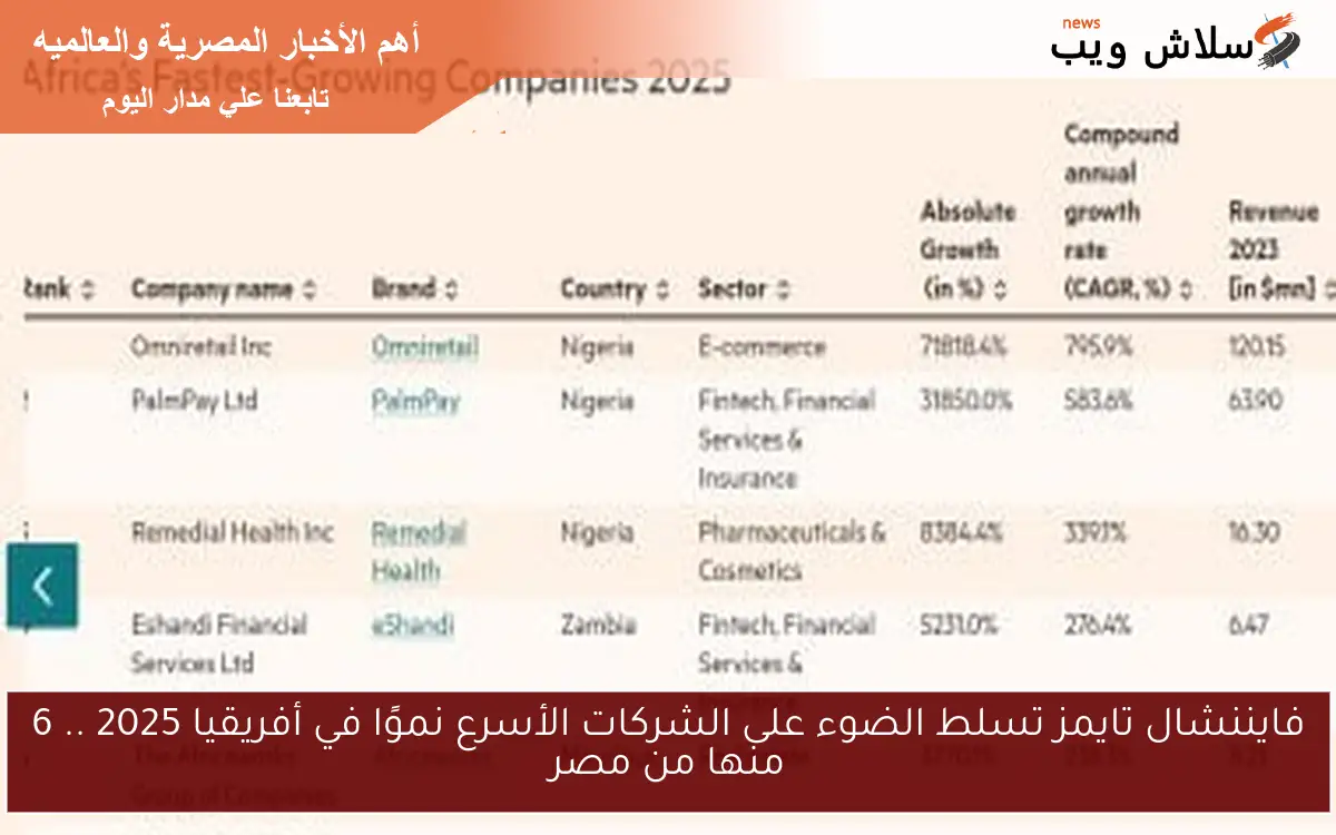 فايننشال تايمز تسلط الضوء على الشركات الأسرع نموًا في أفريقيا 2025 .. 6 منها من مصر 2 فايننشال تايمز تسلط الضوء على الشركات الأسرع نموًا في أفريقيا 2025 .. 6 منها من مصر
