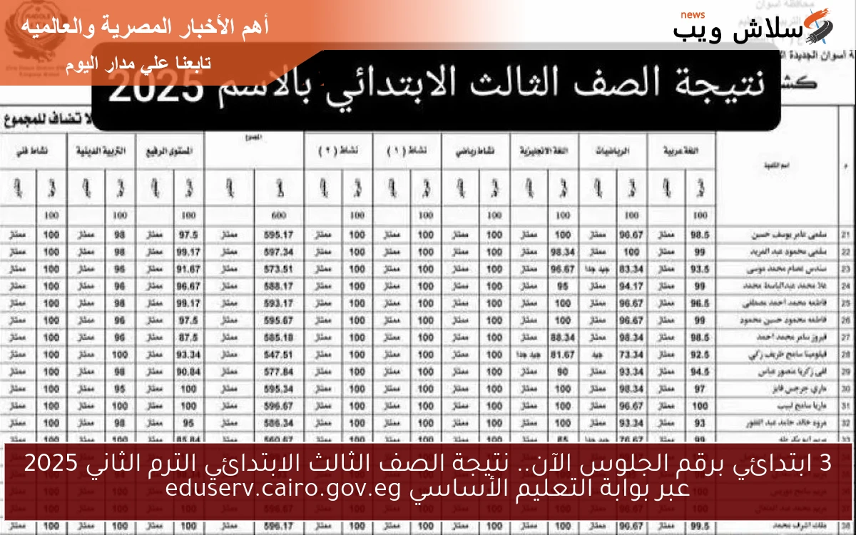 3 ابتدائي برقم الجلوس الآن.. نتيجة الصف الثالث الابتدائي الترم الثاني 2025 عبر بوابة التعليم الأساسي eduserv.cairo.gov.eg 2 3 ابتدائي برقم الجلوس الآن.. نتيجة الصف الثالث الابتدائي الترم الثاني 2025 عبر بوابة التعليم الأساسي eduserv.cairo.gov.eg