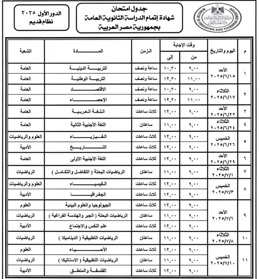 وزير التعليم يعتمد.. جدول امتحانات الثانوية العامة 2025 للنظام الجديد والقديم ومدارس المتفوقين والمكفوفين 7 جدول امتحانات الثانوية العامة 2025