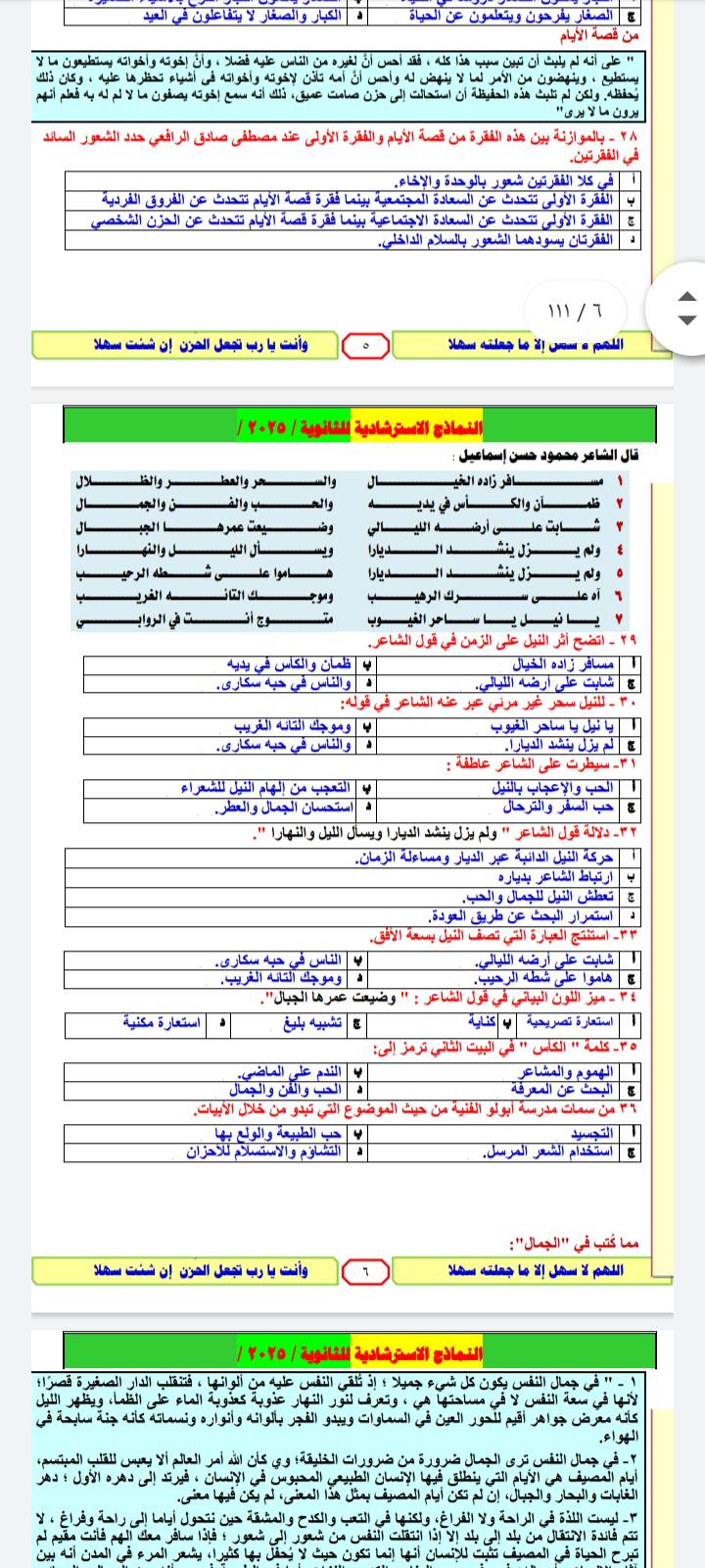 نموذج حل امتحان العربي للثانوية العامة 2025