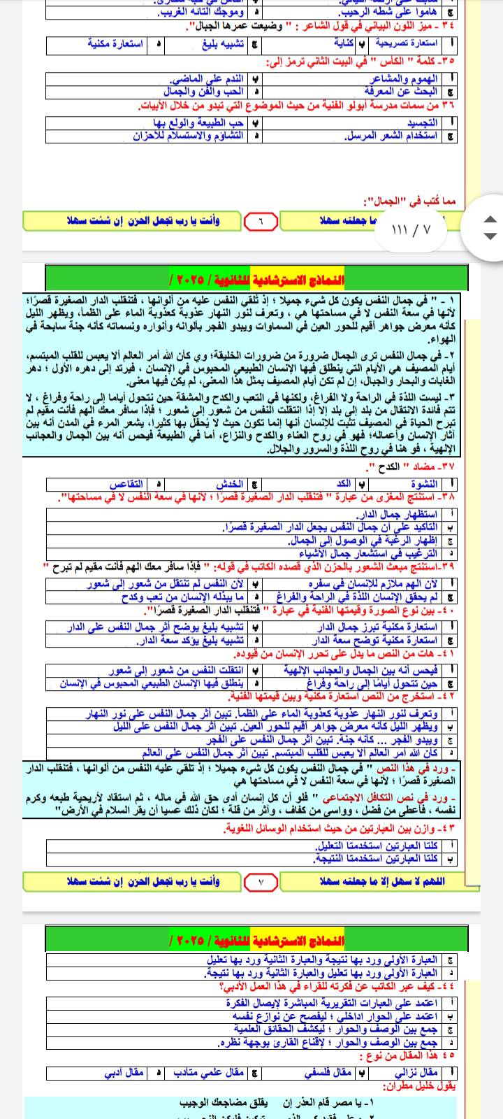 نموذج حل امتحان العربي للثانوية العامة 2025