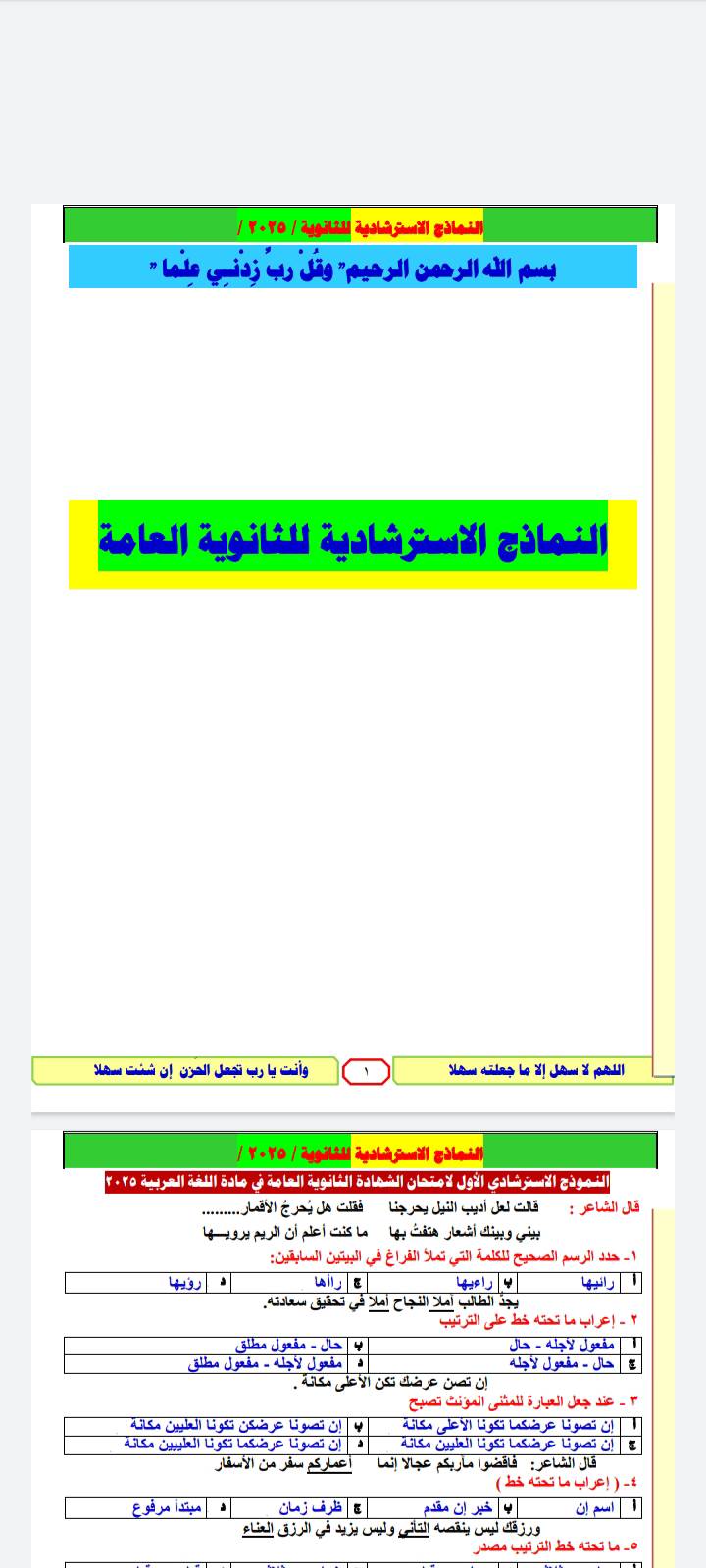 نموذج حل امتحان العربي للثانوية العامة 2025