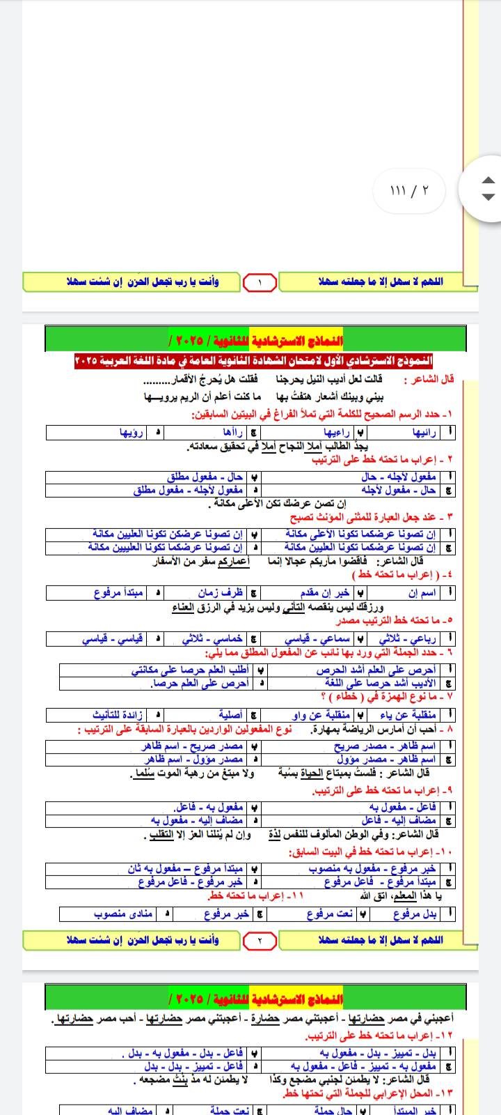 نموذج حل امتحان العربي للثانوية العامة 2025