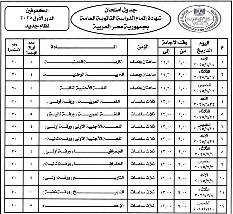 وزير التعليم يعتمد.. جدول امتحانات الثانوية العامة 2025 للنظام الجديد والقديم ومدارس المتفوقين والمكفوفين 3 جدول امتحانات الثانوية العامة 2025