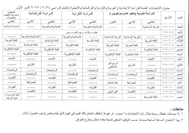 "بعد تعديلات عطلة يوم الغدير" وزارة التربية العراقية تُعلن جدول امتحانات السادس الإعدادي 2025 3 جدول امتحانات السادس الإعدادي 2025