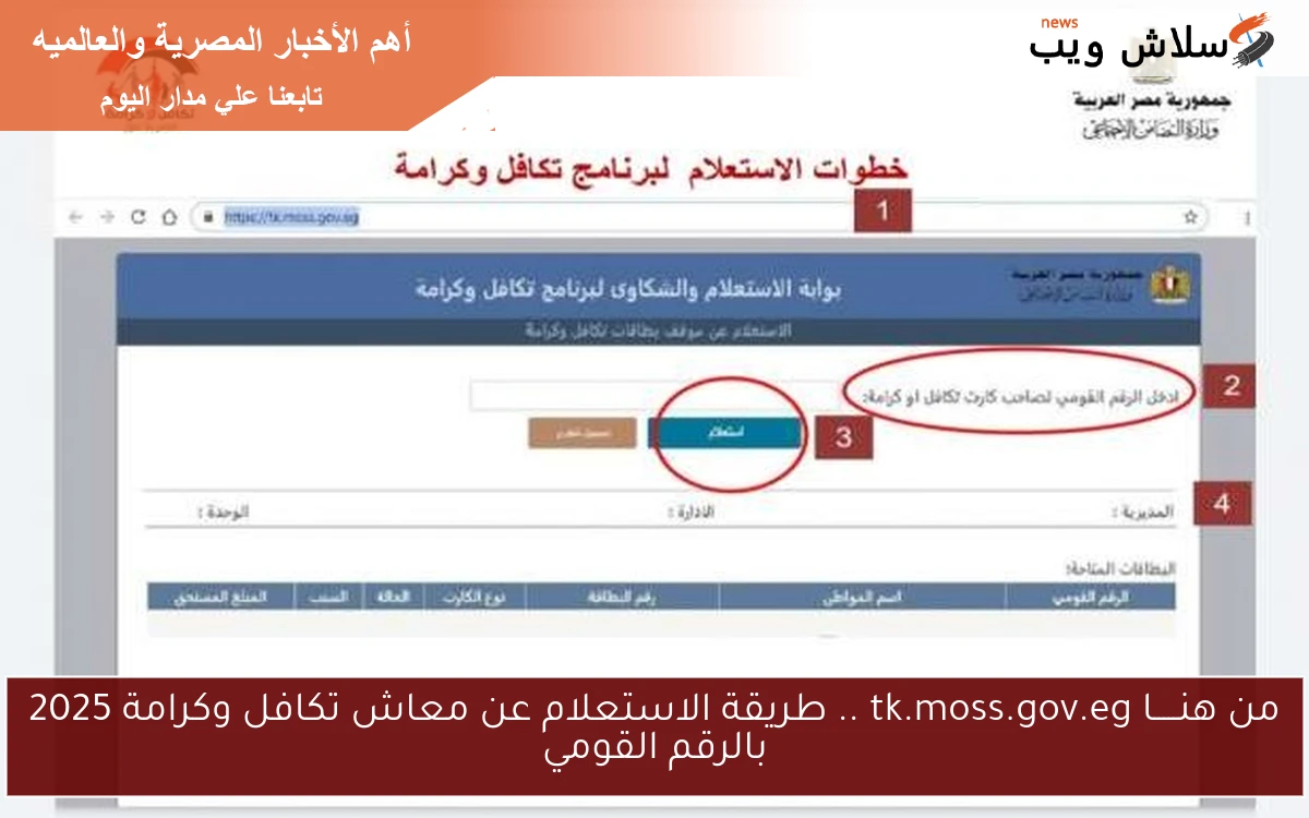 من هنـــــا tk.moss.gov.eg .. طريقة الاستعلام عن معاش تكافل وكرامة 2025 بالرقم القومي