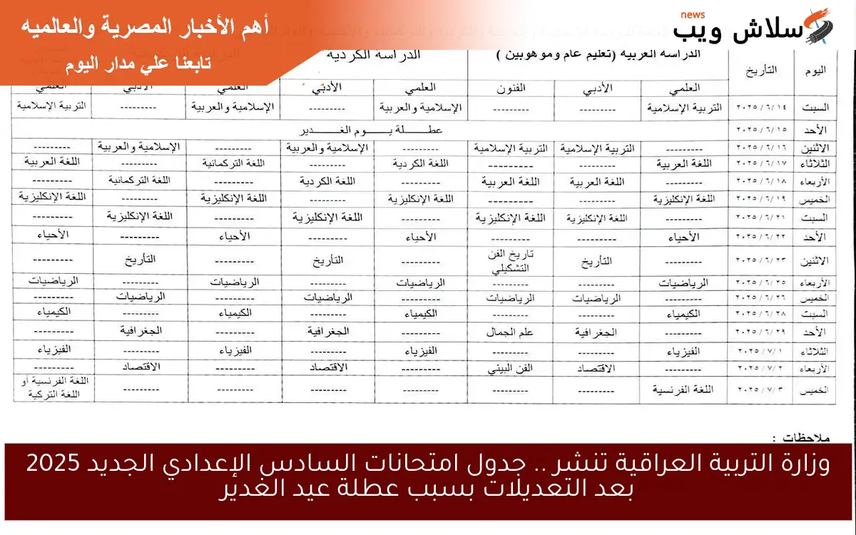 وزارة التربية العراقية تنشر .. جدول امتحانات السادس الإعدادي الجديد 2025 بعد التعديلات بسبب عطلة عيد الغدير 2 وزارة التربية العراقية تنشر .. جدول امتحانات السادس الإعدادي الجديد 2025 بعد التعديلات بسبب عطلة عيد الغدير