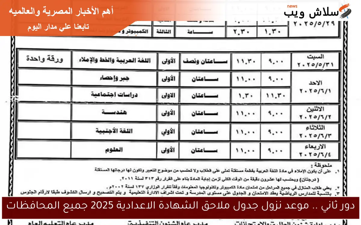 دور ثاني .. موعد نزول جدول ملاحق الشهادة الاعدادية 2025 جميع المحافظات