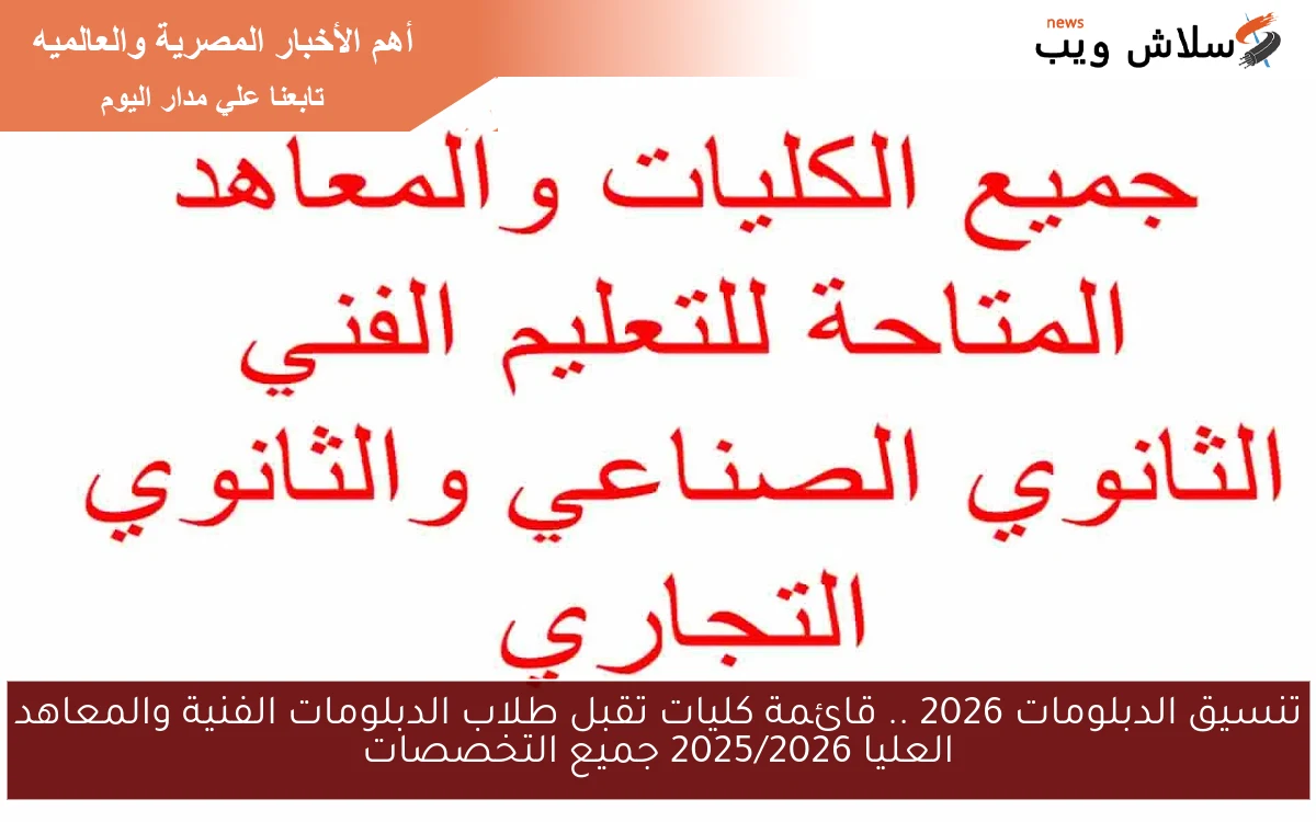 تنسيق الدبلومات 2026 .. قائمة كليات تقبل طلاب الدبلومات الفنية والمعاهد العليا 2025/2026 جميع التخصصات 2 تنسيق الدبلومات 2026 .. قائمة كليات تقبل طلاب الدبلومات الفنية والمعاهد العليا 2025/2026 جميع التخصصات