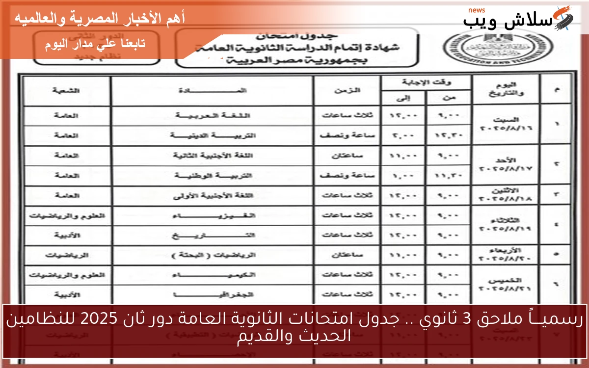 رسميــــاً ملاحق 3 ثانوي .. جدول امتحانات الثانوية العامة دور ثان 2025 للنظامين الحديث والقديم 2 رسميــــاً ملاحق 3 ثانوي .. جدول امتحانات الثانوية العامة دور ثان 2025 للنظامين الحديث والقديم