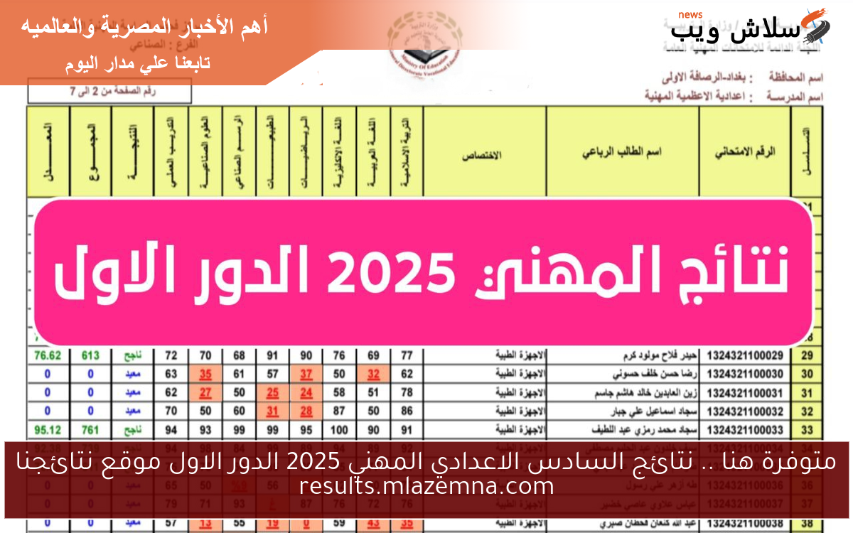 متوفرة هنا .. نتائج السادس الاعدادي المهني 2025 الدور الاول موقع نتائجنا results.mlazemna.com 2 متوفرة هنا .. نتائج السادس الاعدادي المهني 2025 الدور الاول موقع نتائجنا results.mlazemna.com